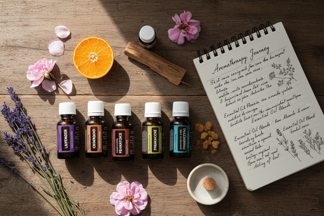 A beginner's essential oil collection with six bottles, lavender, frankincense and botanicals on a rustic wooden table