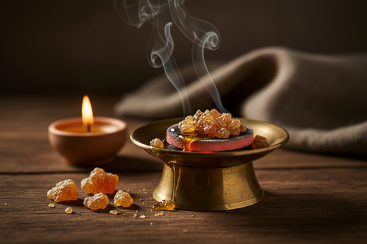 Resin incense burning on a charcoal disc in a brass burner with wisps of smoke rising, amber resin chunks on a wooden surface with warm candlelight