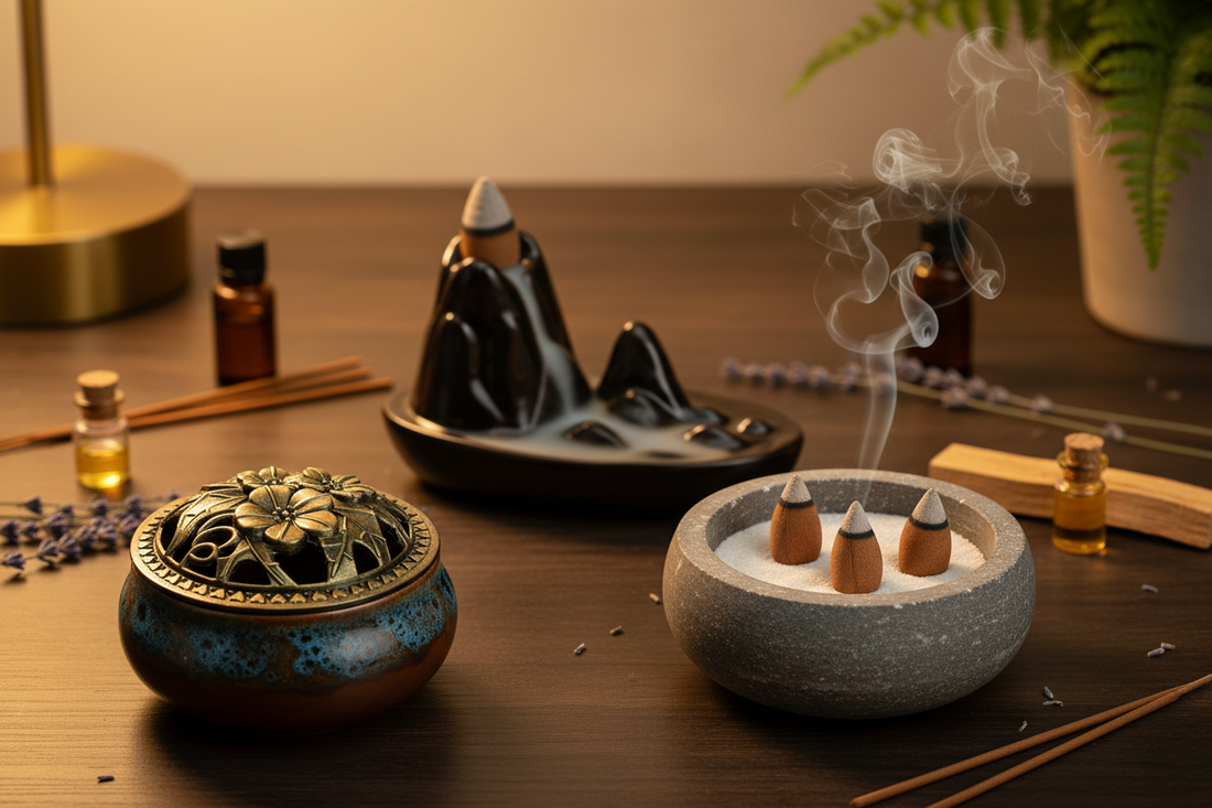 A styled collection of incense burners including a ceramic boat holder, soapstone bowl and brass censer on a dark wooden surface — how to choose the right incense burner