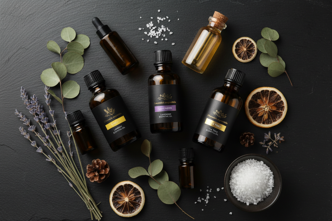Amber essential oil bottles with botanical name labels arranged on dark slate with dried botanical specimens — how to identify and choose quality pure essential oils
