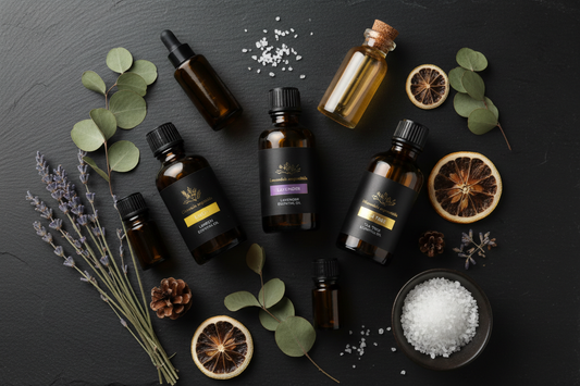 Amber essential oil bottles with botanical name labels arranged on dark slate with dried botanical specimens — how to identify and choose quality pure essential oils