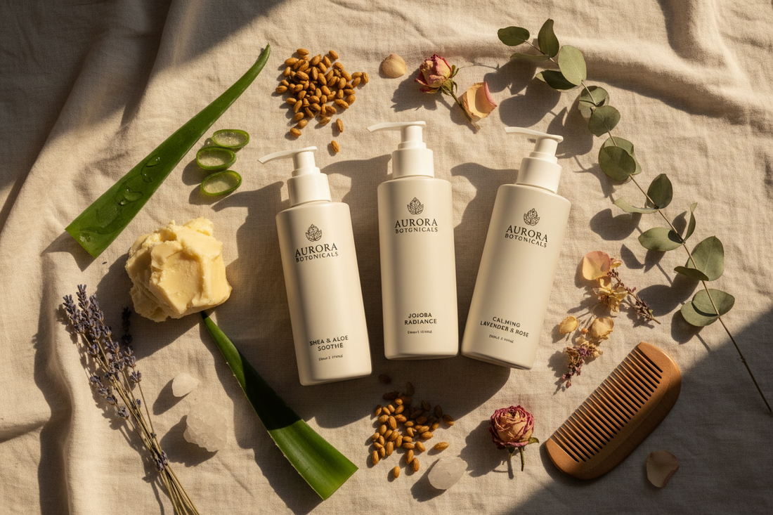 Natural body lotions with shea butter, aloe vera and botanicals on a linen surface
