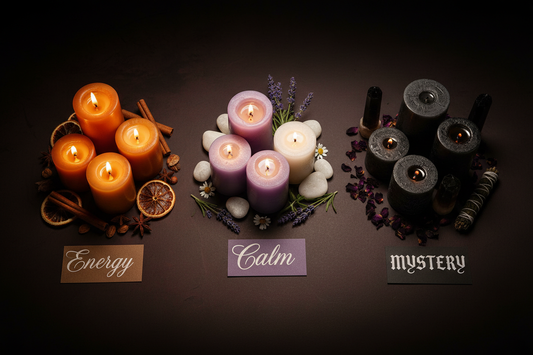 Candles grouped by mood — warm amber, soft lavender and dark crystal candles on a dark background