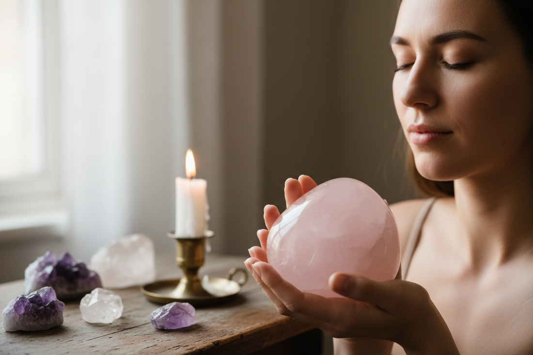 Person holding a rose quartz crystal during meditation with candles and crystals in the background