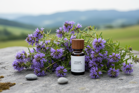amber bottle among fresh hyssop sprigs with purple-blue flowers on a stone surface, Slovenian highland feel