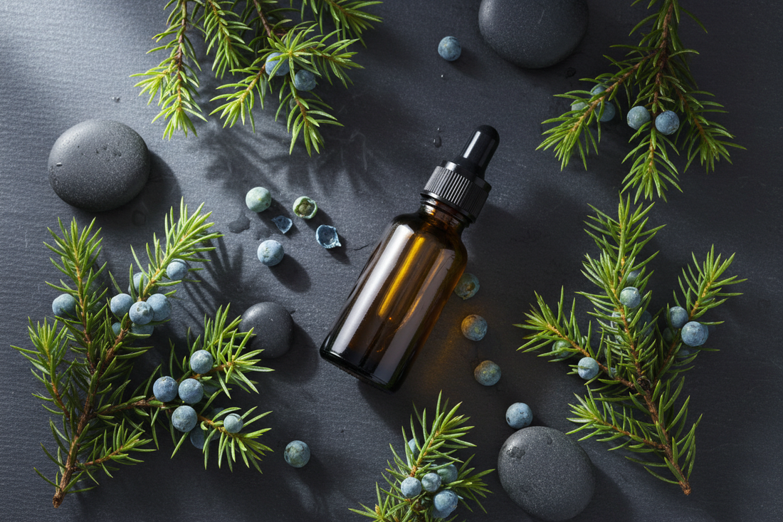 juniper branches with blue-green berries on dark slate — fresh, crisp, forest