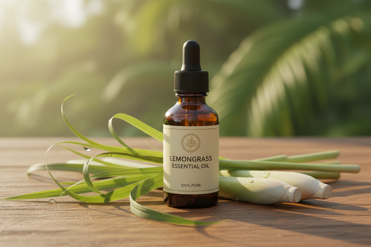fresh lemongrass stalks on warm wood — fresh, citrusy, tropical