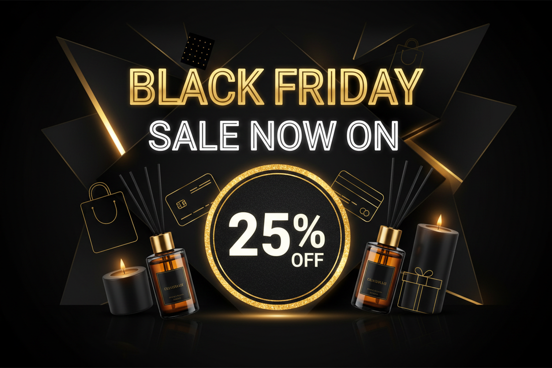 Promotional banner announcing the Vivid Aromas Black Friday sale with a 25% discount offer