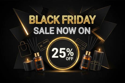 Promotional banner announcing the Vivid Aromas Black Friday sale with a 25% discount offer