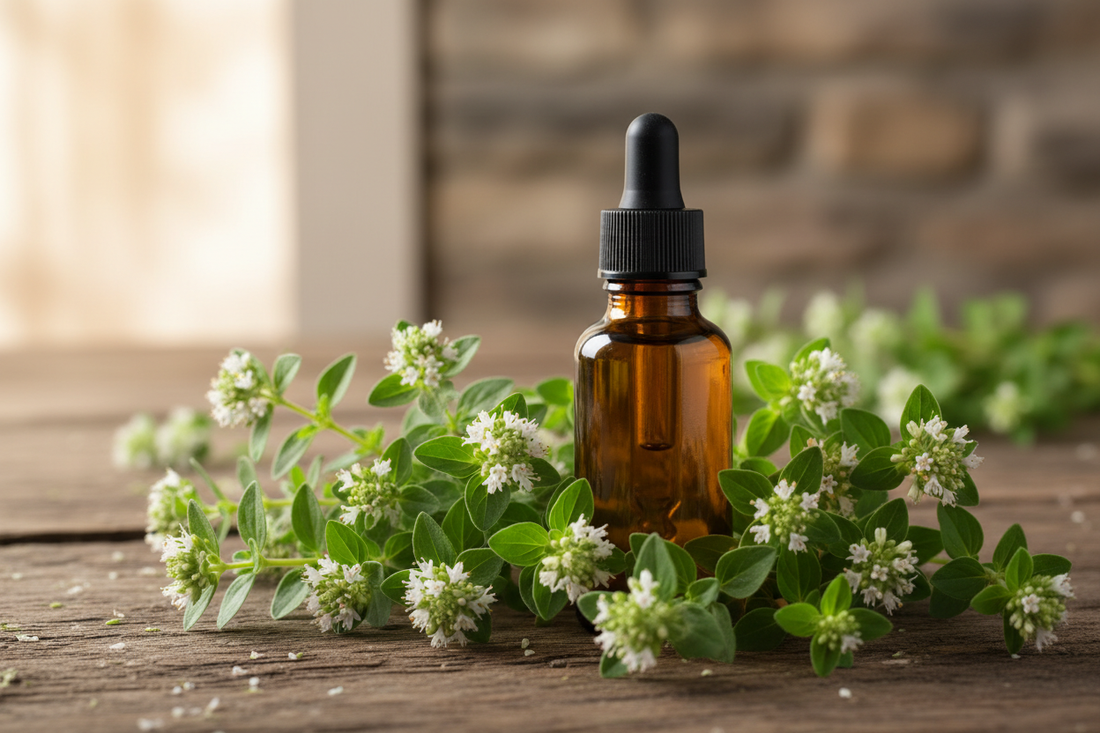 Marjoram Spanish essential oil in an amber glass bottle with fresh marjoram sprigs and white flowers