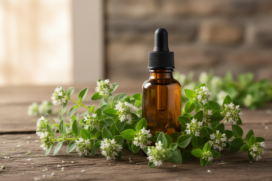 Marjoram Spanish essential oil in an amber glass bottle with fresh marjoram sprigs and white flowers