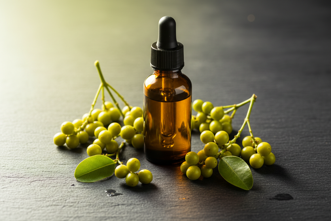 amber bottle with tiny Litsea cubeba fruits and fresh green leaves on dark slate, with bright clean citrus lighting