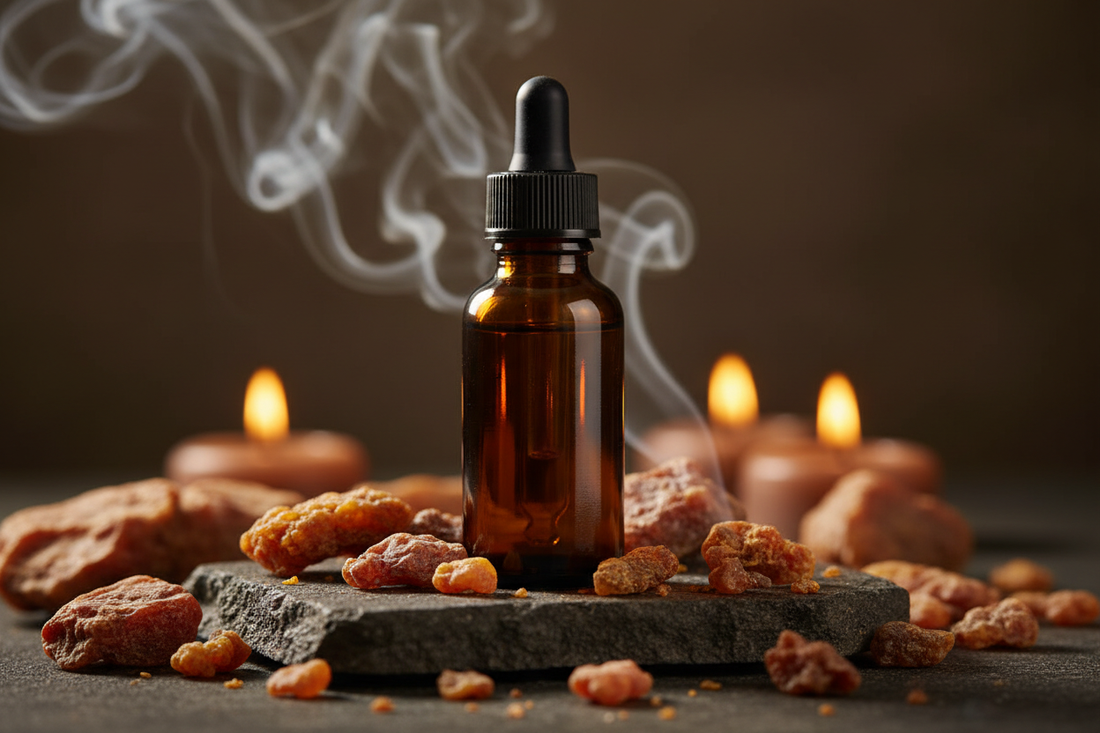 Warm amber bottle with raw myrrh resin chunks on dark stone, with a candlelit, incense-smoke atmosphere