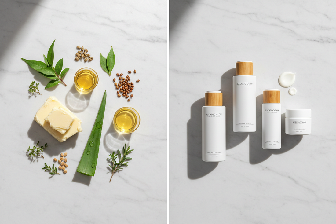 Natural skincare ingredients including shea butter and botanicals contrasted with sleek lotion bottles on marble