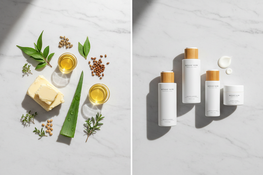 Natural skincare ingredients including shea butter and botanicals contrasted with sleek lotion bottles on marble