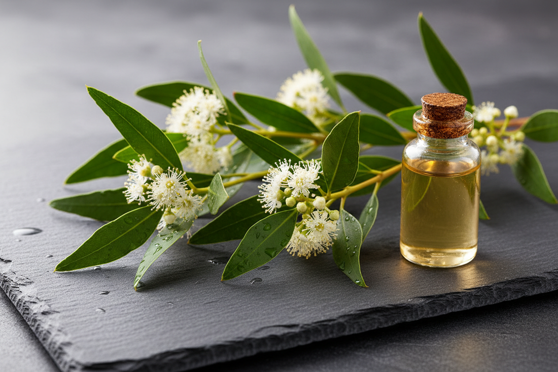 fresh melaleuca leaves and white flowers on dark slate with an amber bottle