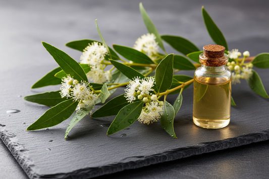 fresh melaleuca leaves and white flowers on dark slate with an amber bottle