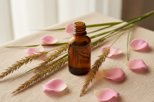 A flat lay of palmarosa oil in an amber bottle with fresh grass stems and soft pink rose petals on warm cream linen
