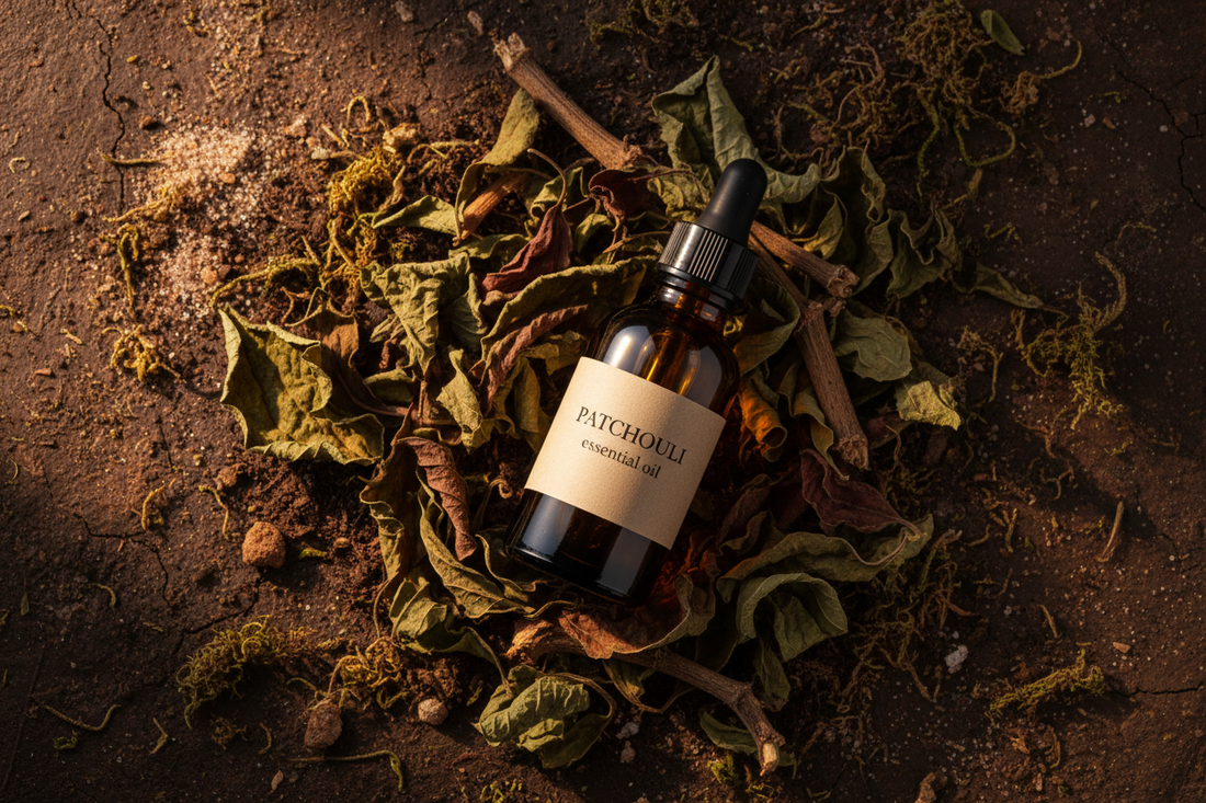 dried patchouli leaves on dark earthy surface — deep, bohemian, moody