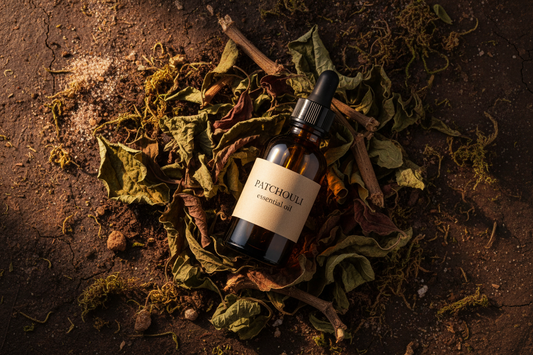dried patchouli leaves on dark earthy surface — deep, bohemian, moody