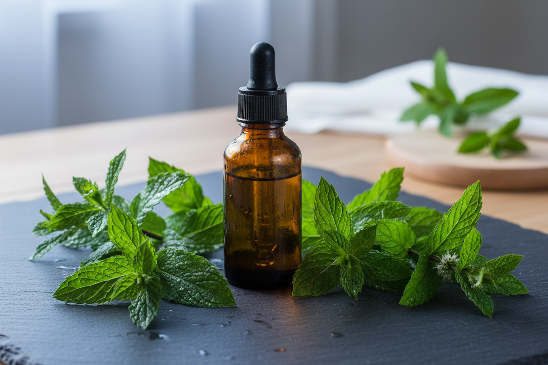 amber bottle with fresh peppermint leaves on dark slate — cool, crisp, invigorating