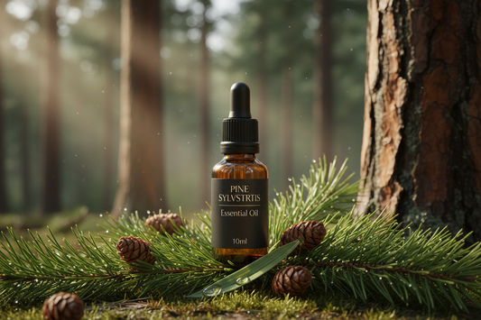 dark amber bottle nestled in fresh pine needles and cones with soft Siberian forest light
