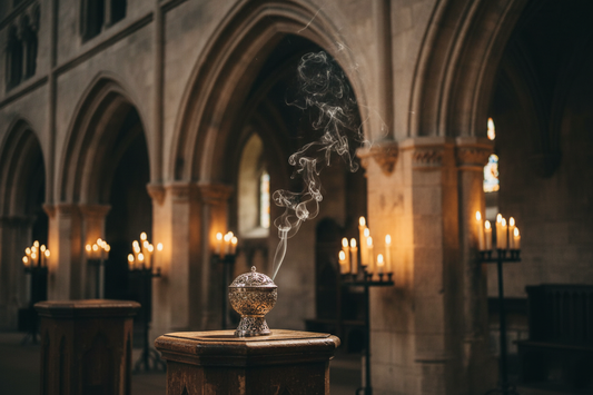 An atmospheric scene evoking a historic English abbey with stone archways, soft candlelight, and an ornate incense burner with wisps of smoke rising