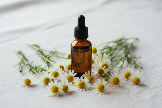 Roman chamomile flowers on white linen — gentle, calming, delicate