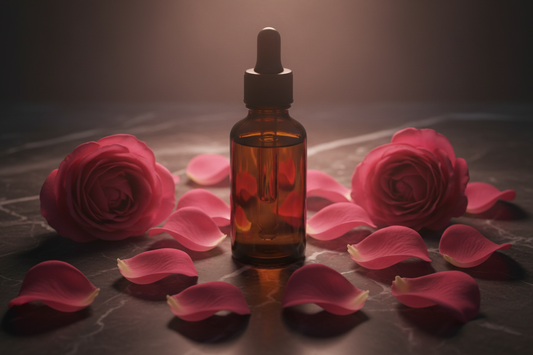 Deep pink Rosa damascena petals scattered around an amber bottle on dark marble, with soft romantic lighting in rose and blush tones