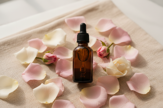 Amber dropper bottle with fresh pink and cream rose petals and rosebuds on warm cream linen 