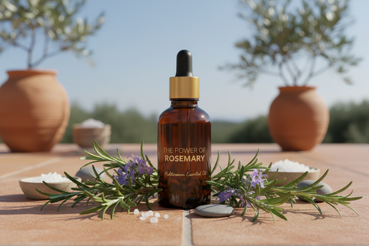 amber bottle with fresh rosemary sprigs on terracotta — warm, herbaceous, Mediterranean