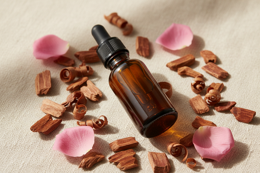 Amber bottle with rich reddish-brown rosewood heartwood chips and shavings, a few soft pink rose petals, on warm cream linen