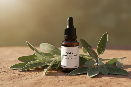 amber bottle nestled in fresh sage sprigs with warm Mediterranean light, terracotta and silvery-green tones