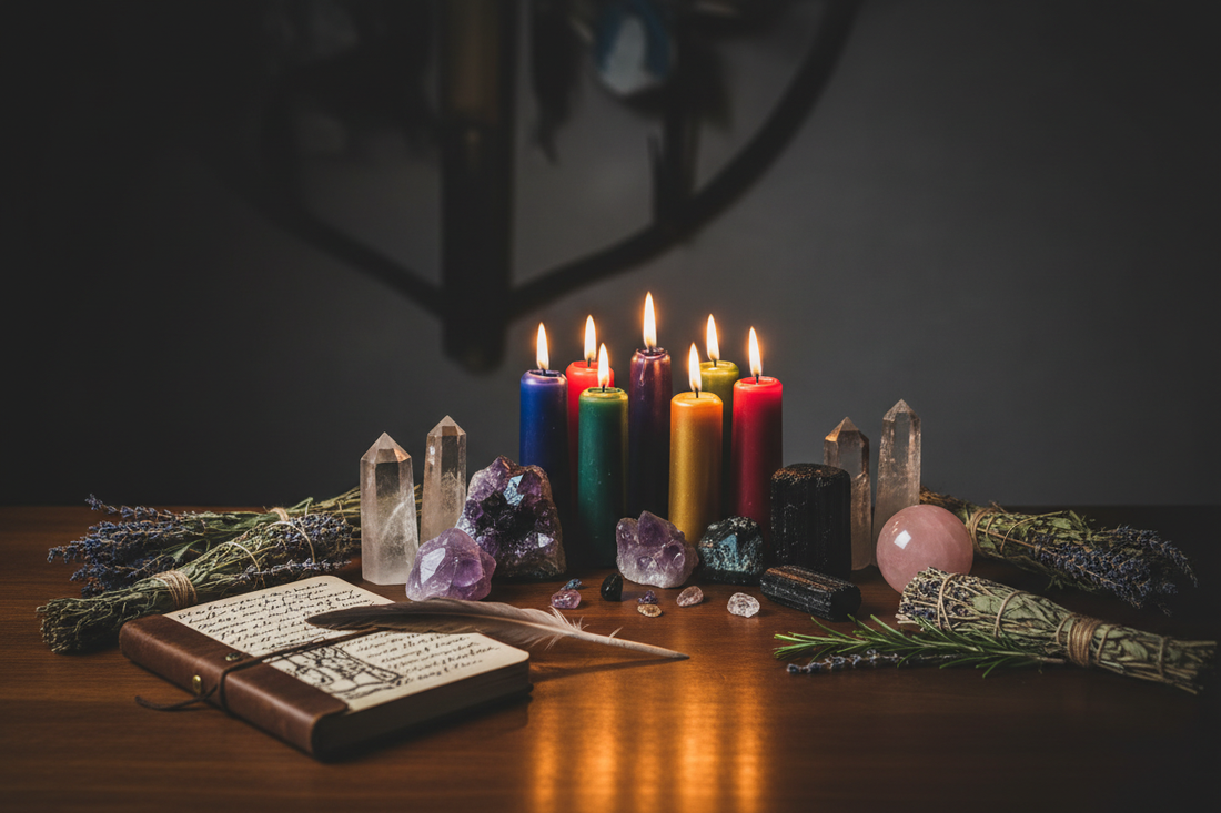 Spell candles in multiple colours with crystals and dried herbs on a dark wooden surface by candlelight