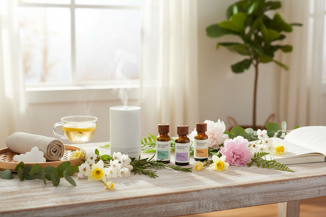 Fresh spring botanicals and essential oil bottles arranged on a natural surface with soft daylight — spring aromatherapy wellness rituals