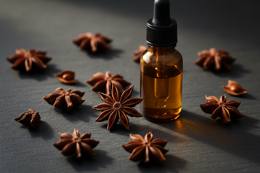 whole and broken star anise pods on dark slate