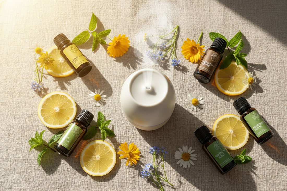 A sun-drenched flat lay of essential oil bottles, fresh lemon slices, peppermint sprigs and summer flowers on natural linen — summer aromatherapy wellness rituals