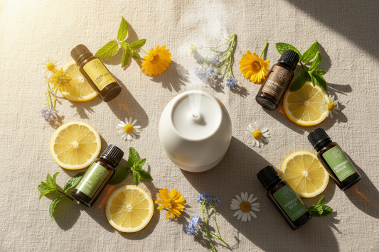 A sun-drenched flat lay of essential oil bottles, fresh lemon slices, peppermint sprigs and summer flowers on natural linen — summer aromatherapy wellness rituals