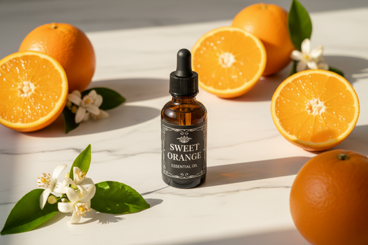 fresh oranges and blossom on white marble — bright, warm, uplifting