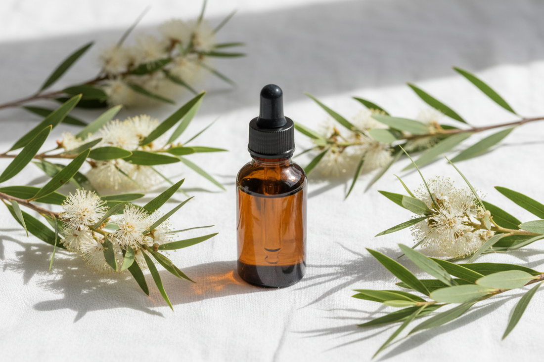 amber bottle with Melaleuca branches and white flowers on white linen — fresh, clean, natural