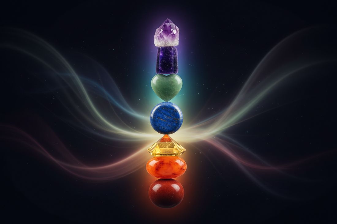 Seven chakra crystals arranged from red to violet on a dark background with ethereal light