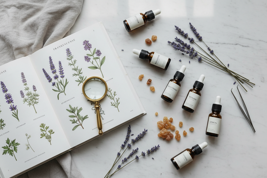 Botanical reference book, essential oil bottles, and frankincense resin on a marble surface