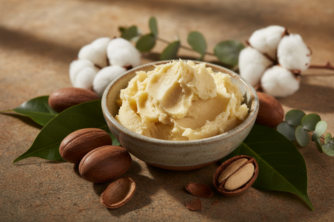 Raw shea butter in a ceramic bowl with shea nuts and botanicals on a warm stone surface