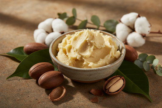 Raw shea butter in a ceramic bowl with shea nuts and botanicals on a warm stone surface