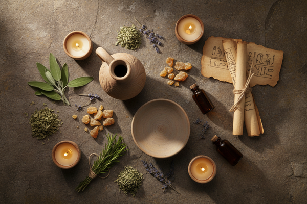 Ancient aromatherapy artifacts including clay vessels, dried herbs, and frankincense resin on aged stone