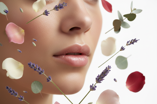 Botanical elements including lavender, eucalyptus and rose petals representing the science of scent and aromatherapy
