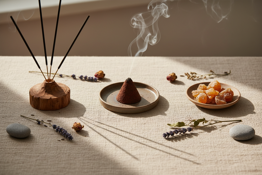 A flat-lay of three types of incense — incense sticks in a wooden holder, a cone incense with a curl of smoke, and resin chunks on a dish — arranged on a natural linen surface