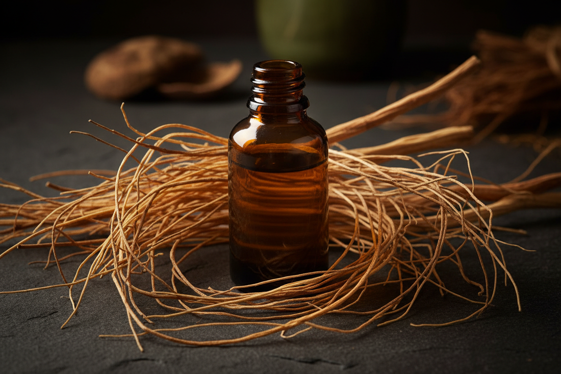 amber bottle with dried vetiver roots scattered on dark stone, deep moody lighting in earthy browns and ochres
