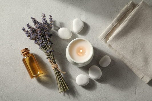 Aromatherapy essentials flat lay including essential oil bottle, dried lavender, candle, and linen cloth on a neutral stone surface