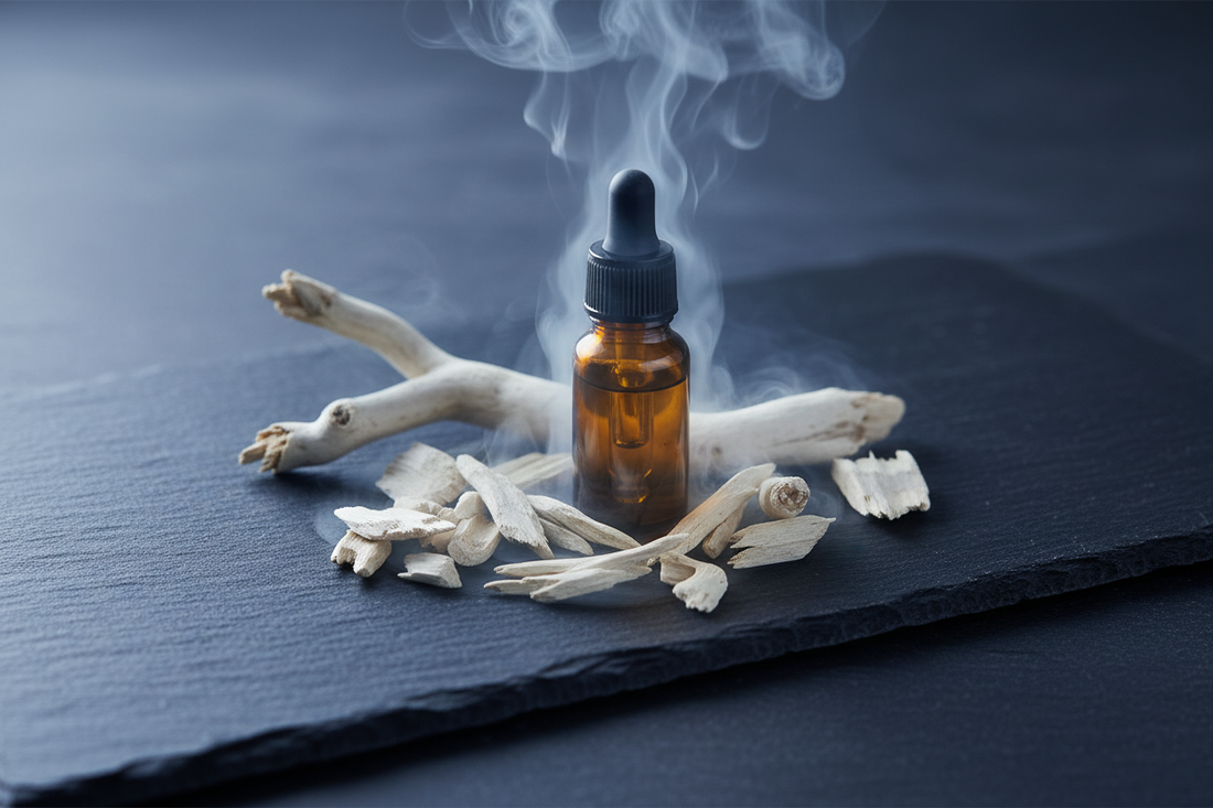 White Camphor Essential Oil — camphor wood and roots with essential oil bottle, Vivid Aromas UK